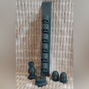 Vintage Hand Painted Blue Norwegian Rosemaling Kitchen Accent Set